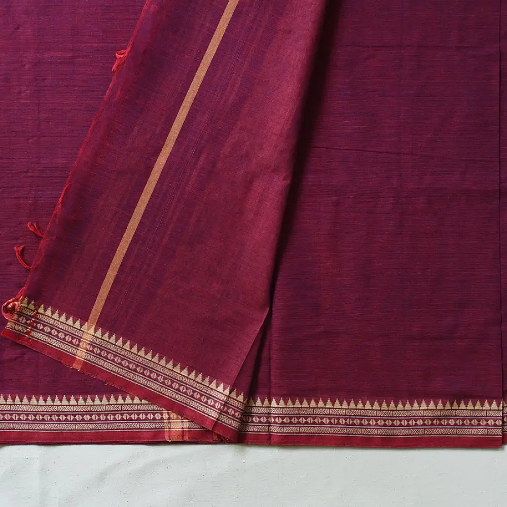 handloom begampuri pure cotton saree in deep violet purple with gold and mustard woven temple borders and tassel fringe