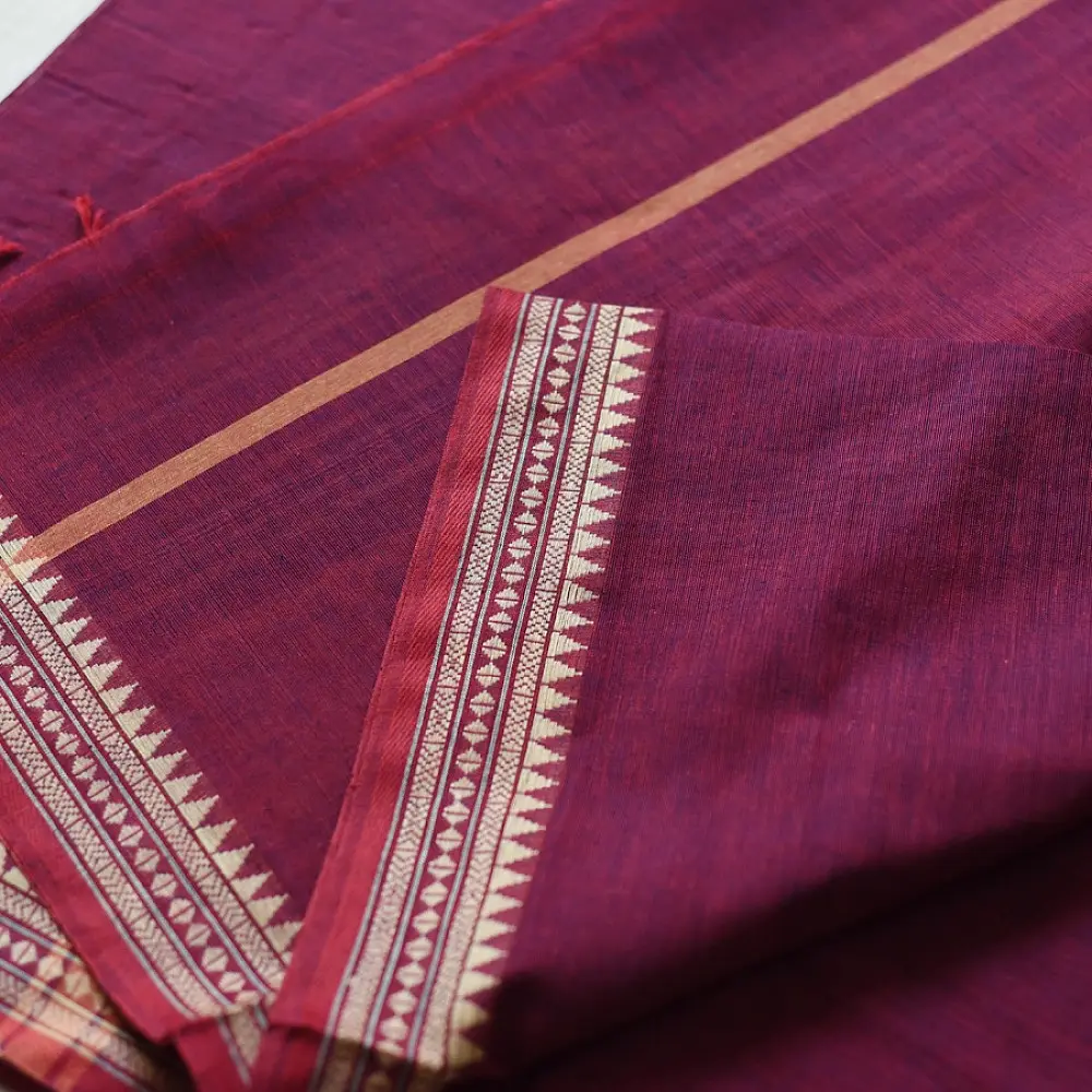 handloom begampuri pure cotton saree in deep violet purple with gold and mustard woven temple borders and tassel fringe