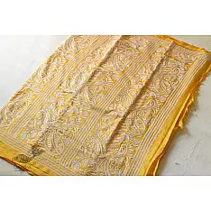 Madhumalti | Kantha Embroidery ~ Lime Yellow Silk Saree