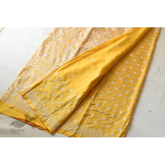 shop Kantha Embroidery ~ Lime Yellow Silk Saree