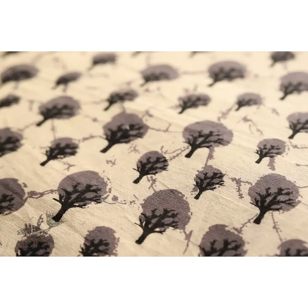 beige cotton iPad cover with grey block-printed tree motif and multicolour striped border