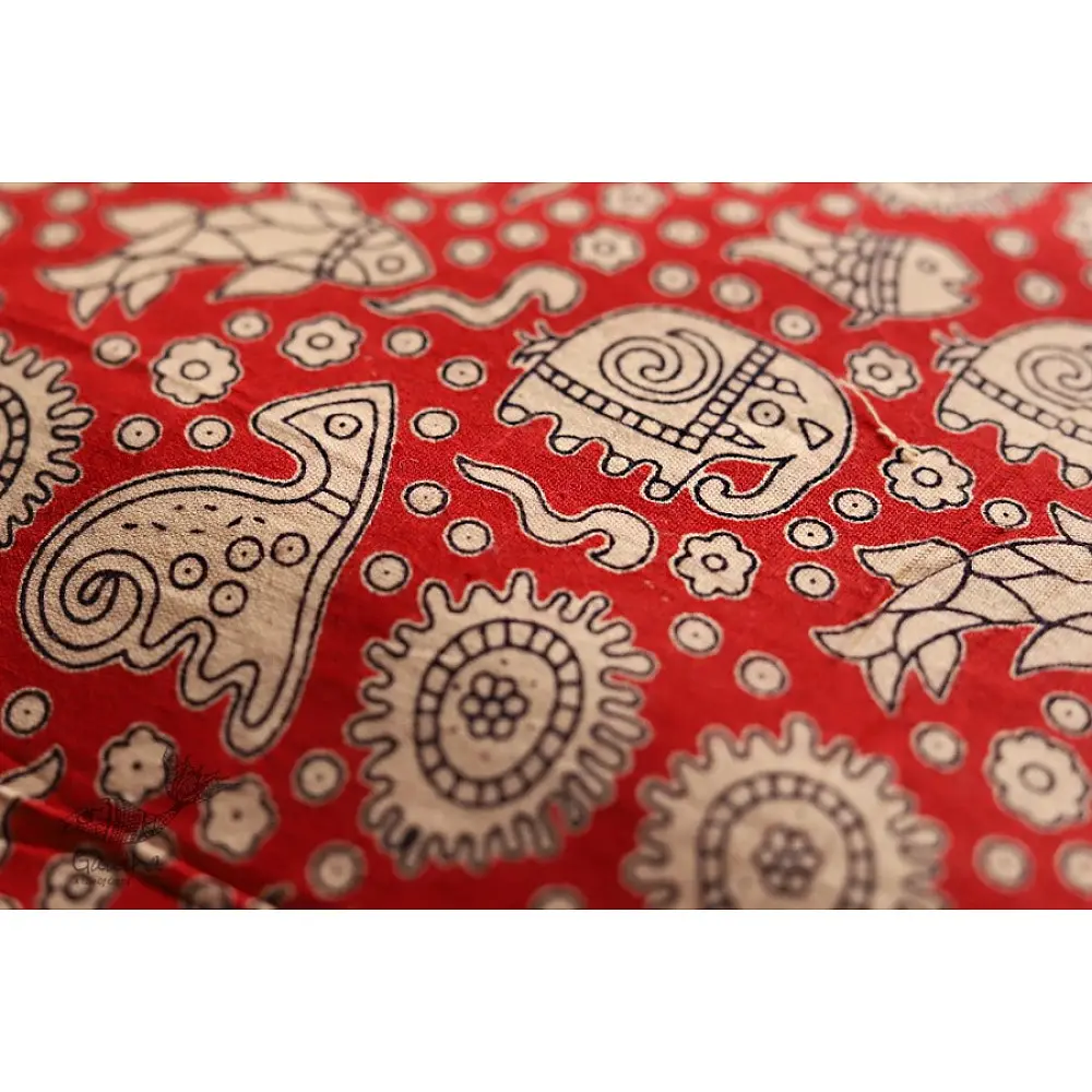 red cotton iPad cover with white block-printed elephant and paisley motifs and polka dot border