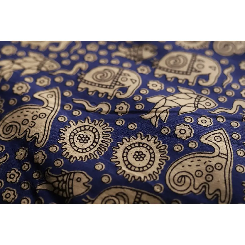 blue cotton iPad cover with white block-printed elephant and paisley motifs and contrast border