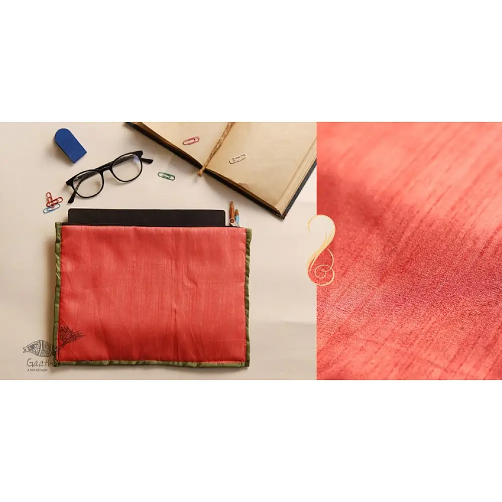 coral cotton iPad cover with natural slubbed texture and contrast olive green border