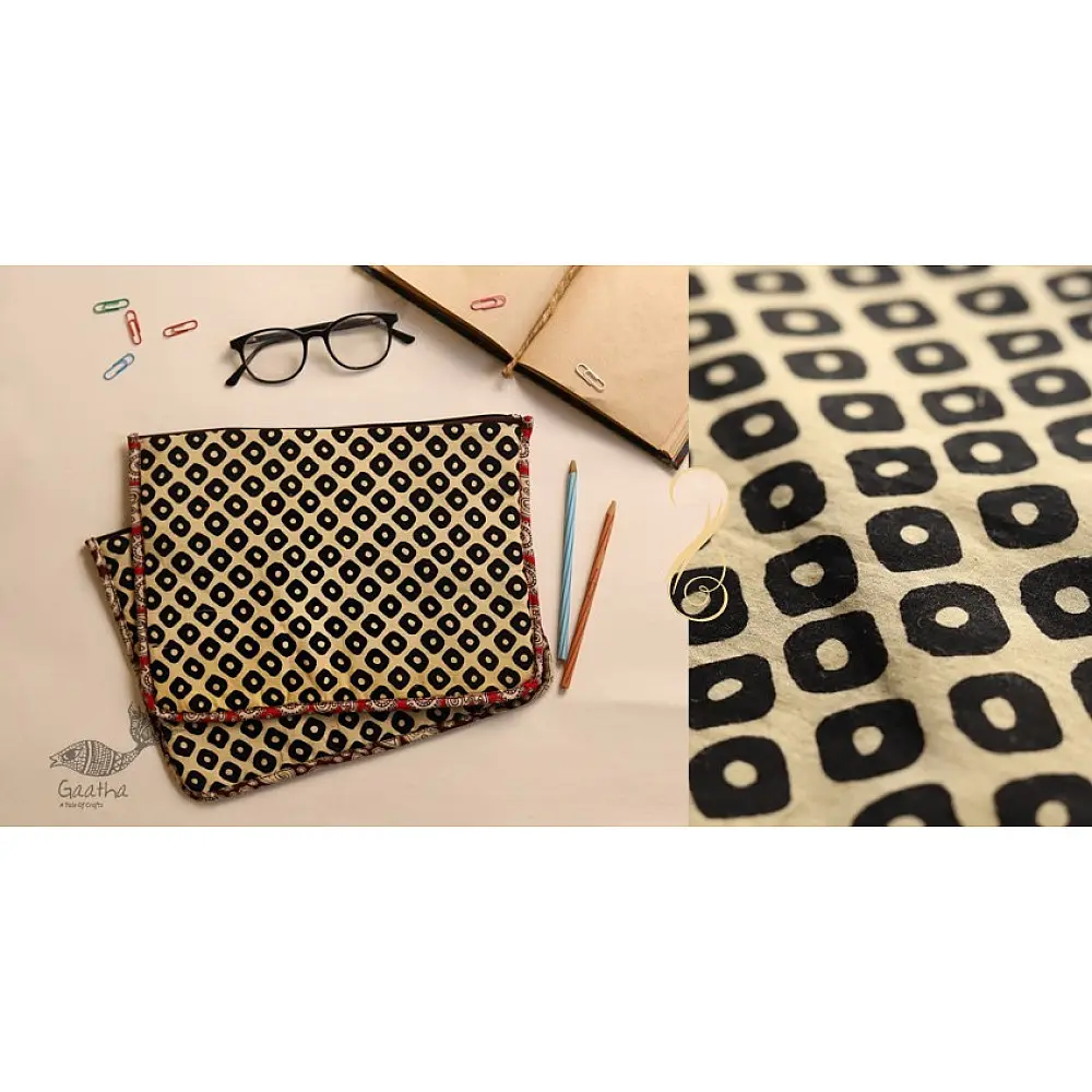beige cotton iPad cover with black block-printed rounded square geometric motif