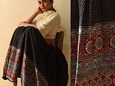 Flowers in a River | Ajrakh printed Long Skirt With Natural Dyed - Black & Red