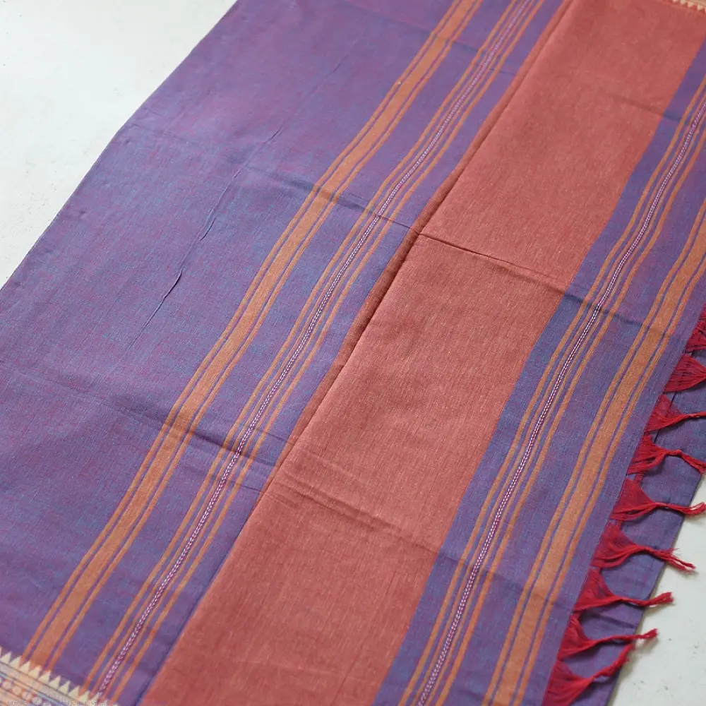 handloom begampuri pure cotton saree in dual-tone mauve blue with maroon and beige woven temple borders and tassel fringe