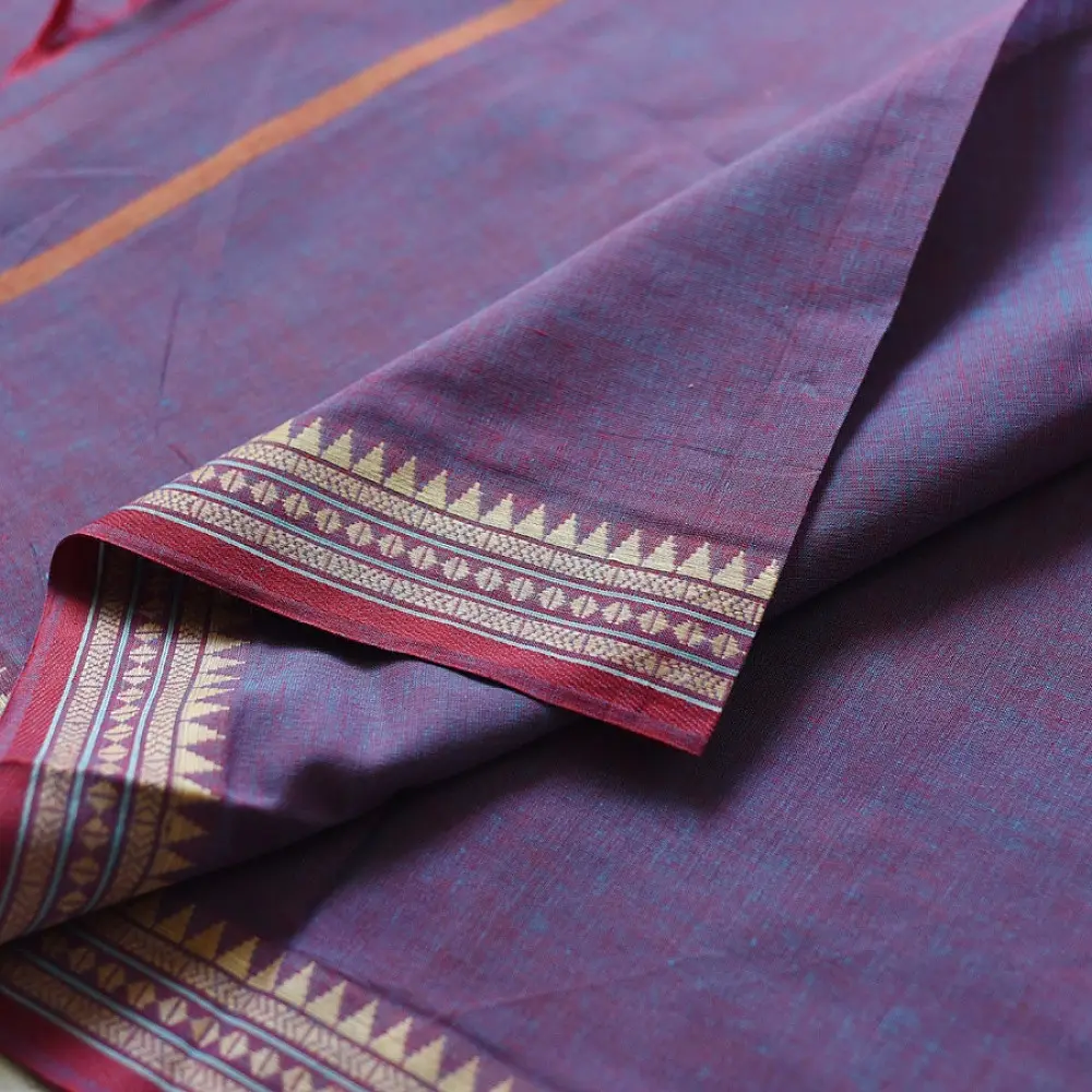 handloom begampuri pure cotton saree in dual-tone mauve blue with maroon and beige woven temple borders and tassel fringe