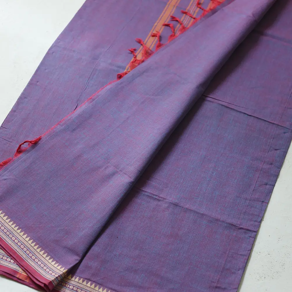 handloom begampuri pure cotton saree in dual-tone mauve blue with maroon and beige woven temple borders and tassel fringe