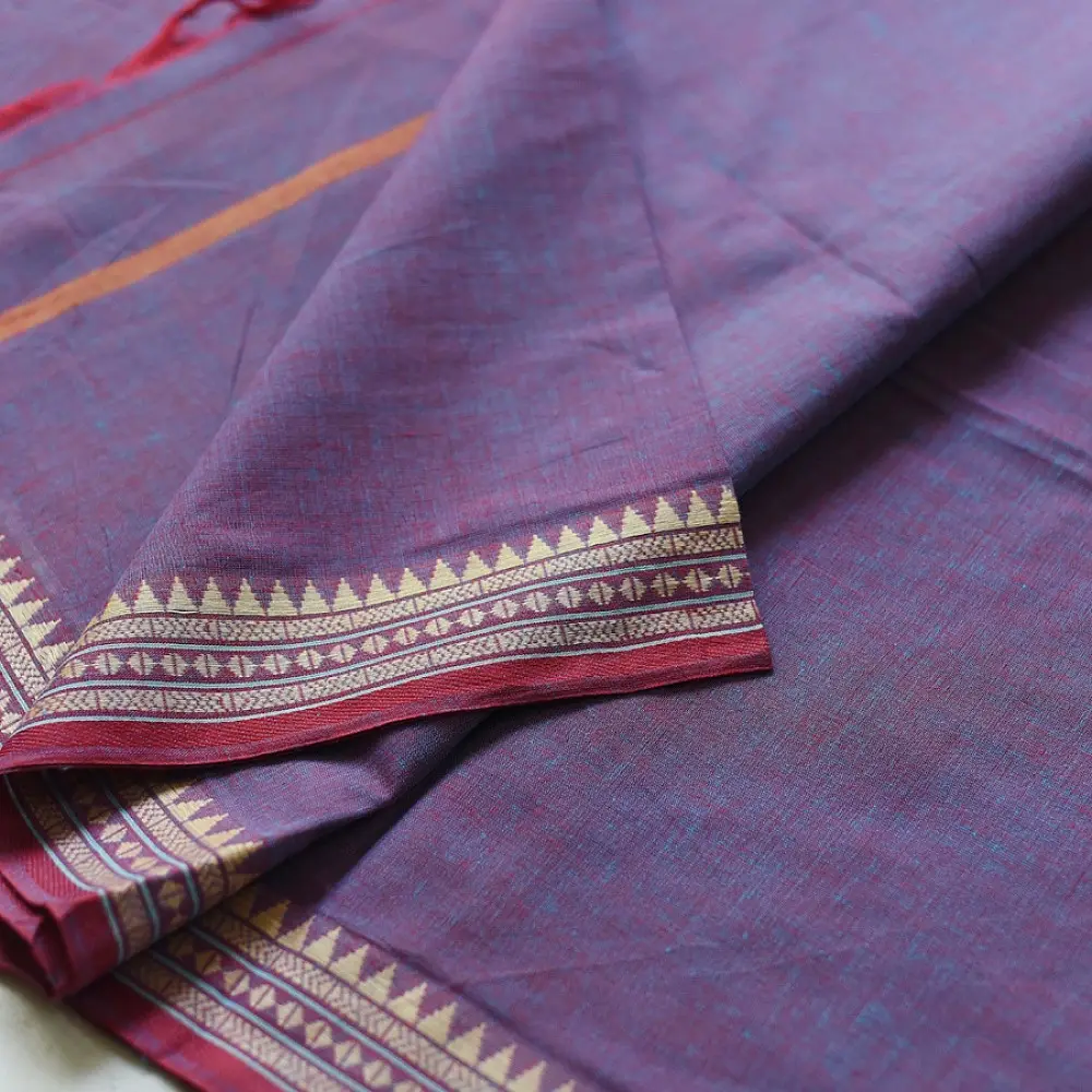 handloom begampuri pure cotton saree in dual-tone mauve blue with maroon and beige woven temple borders and tassel fringe