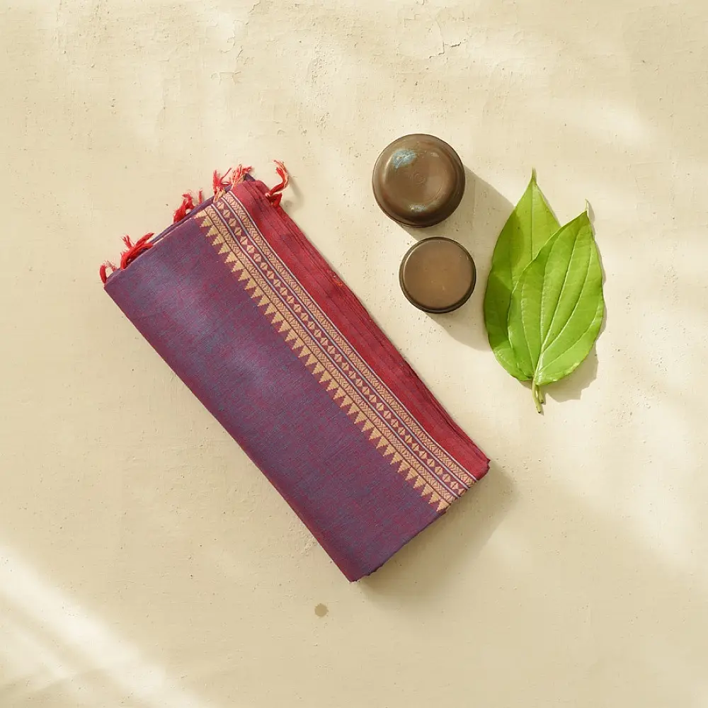 handloom begampuri pure cotton saree in dual-tone mauve blue with maroon and beige woven temple borders and tassel fringe