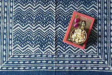 A finite infinity ❧ Indigo Natural Color Dhurrie ( 5 X 3 ) - Dabu Printed 