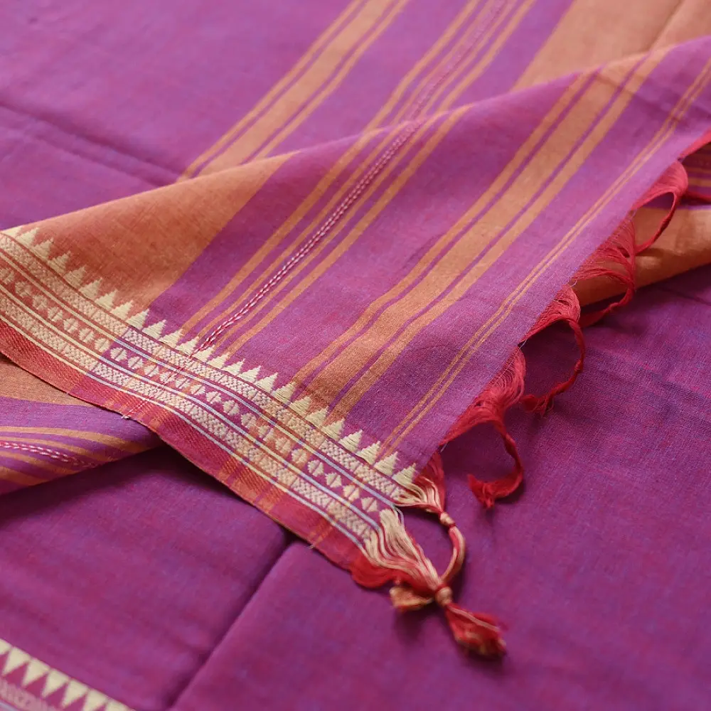 handloom begampuri pure cotton saree in vibrant magenta pink with orange and cream woven temple borders and tassel fringe