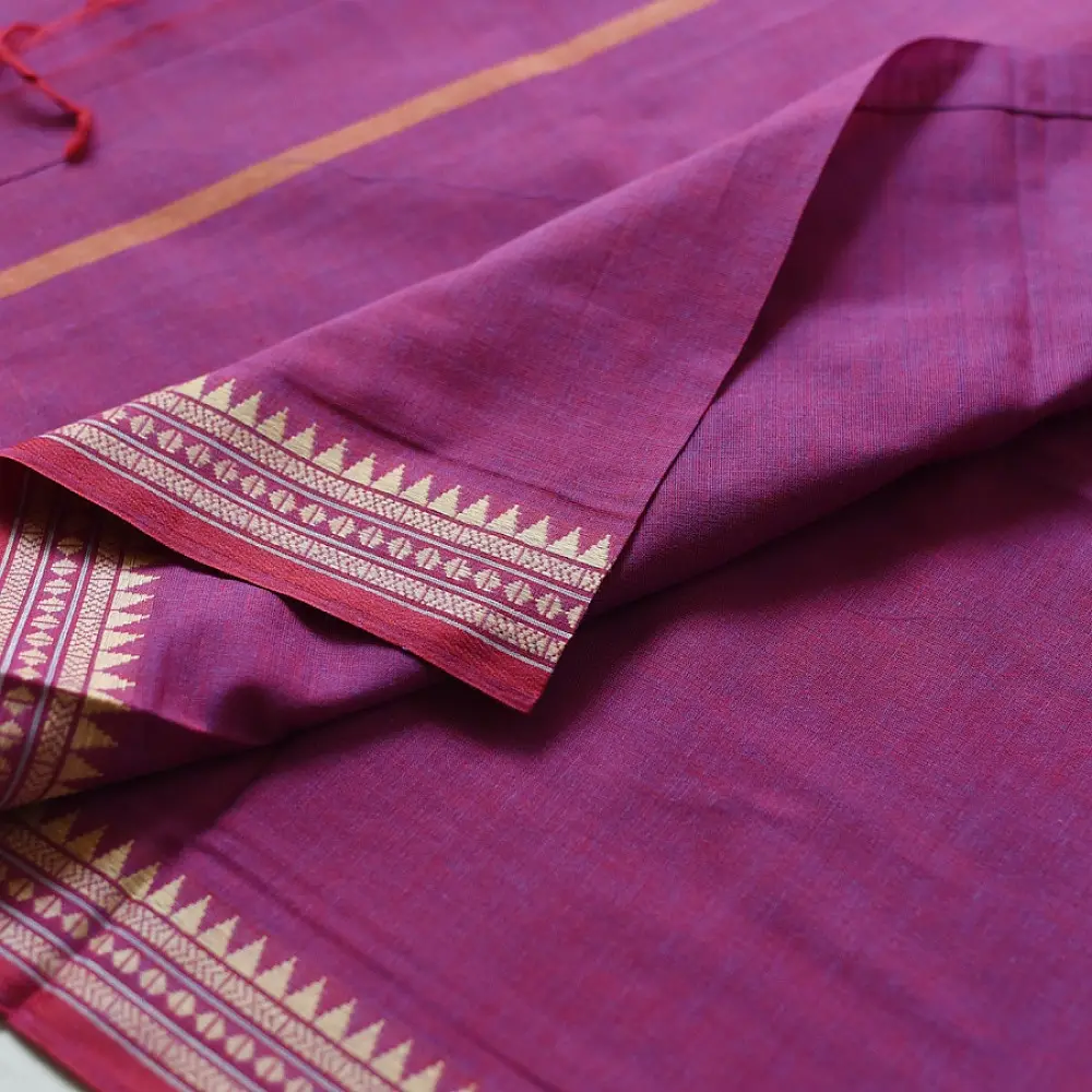 handloom begampuri pure cotton saree in vibrant magenta pink with orange and cream woven temple borders and tassel fringe