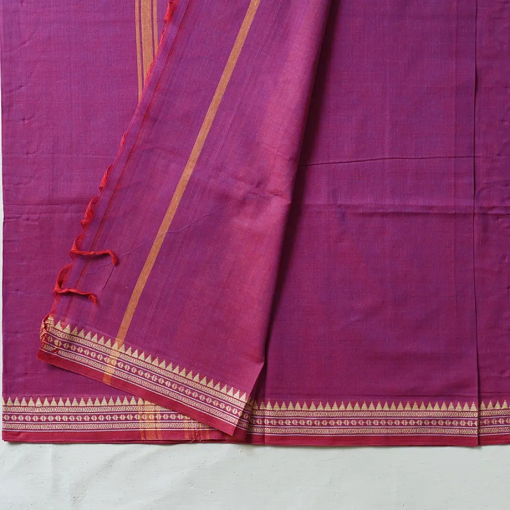 handloom begampuri pure cotton saree in vibrant magenta pink with orange and cream woven temple borders and tassel fringe