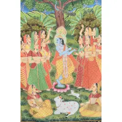 Antique Old Pichwai Painting - Krishna Sang Gopi