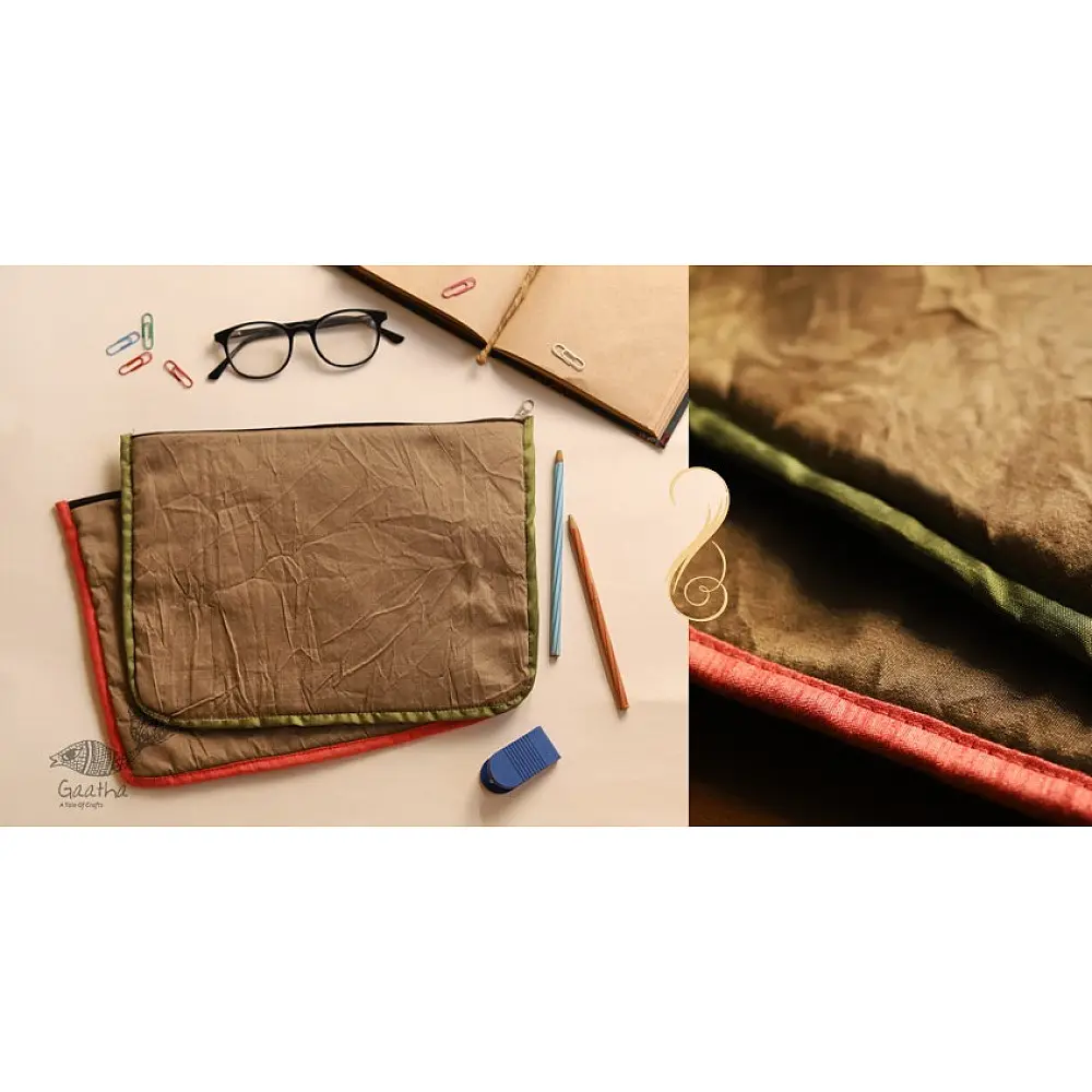 bronze iPad cover with natural crinkled texture and contrast olive and coral border