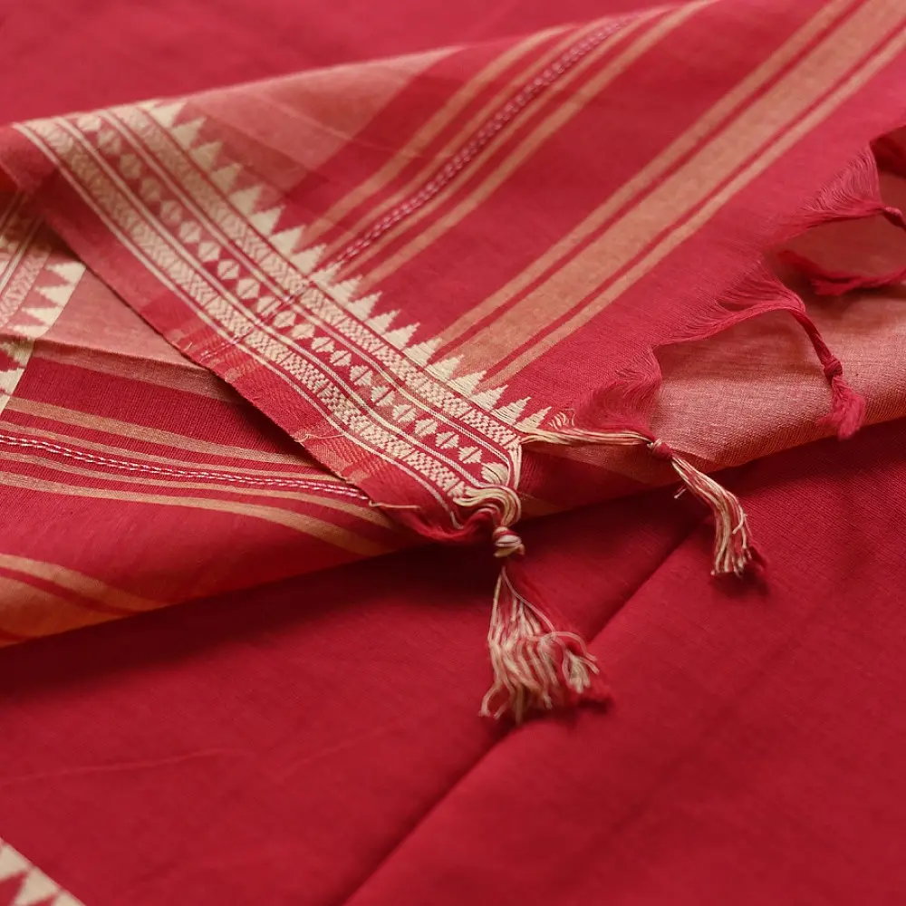 handloom begampuri pure cotton saree in crimson red with mustard yellow and white woven temple borders and tassel fringe