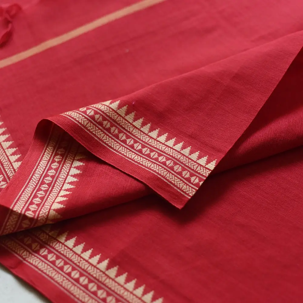 handloom begampuri pure cotton saree in crimson red with mustard yellow and white woven temple borders and tassel fringe
