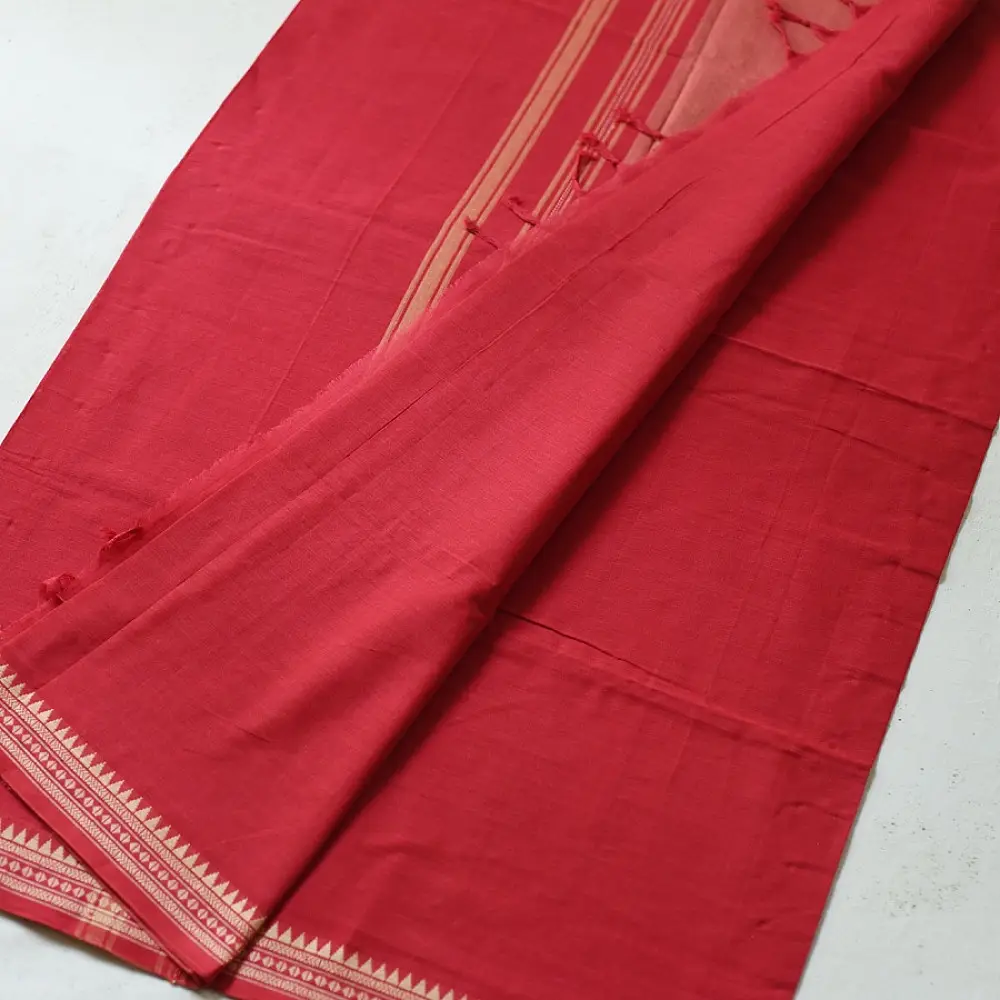 handloom begampuri pure cotton saree in crimson red with mustard yellow and white woven temple borders and tassel fringe