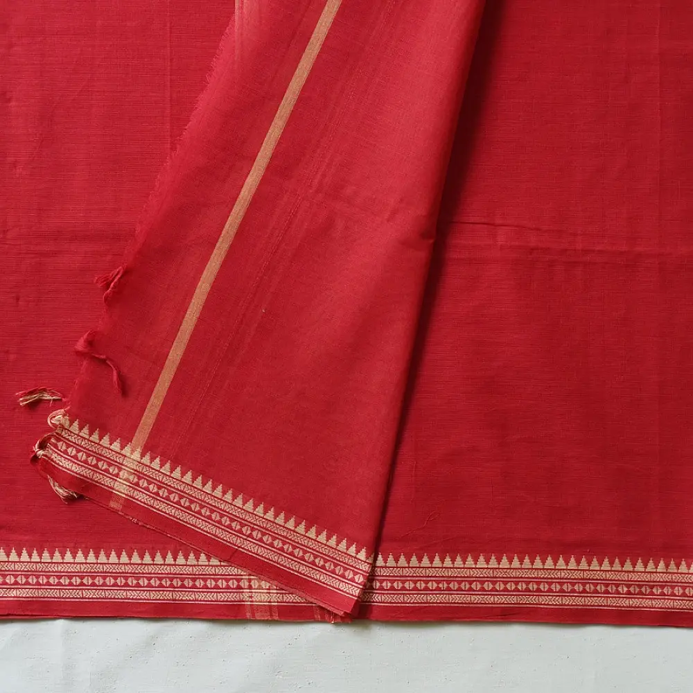 handloom begampuri pure cotton saree in crimson red with mustard yellow and white woven temple borders and tassel fringe