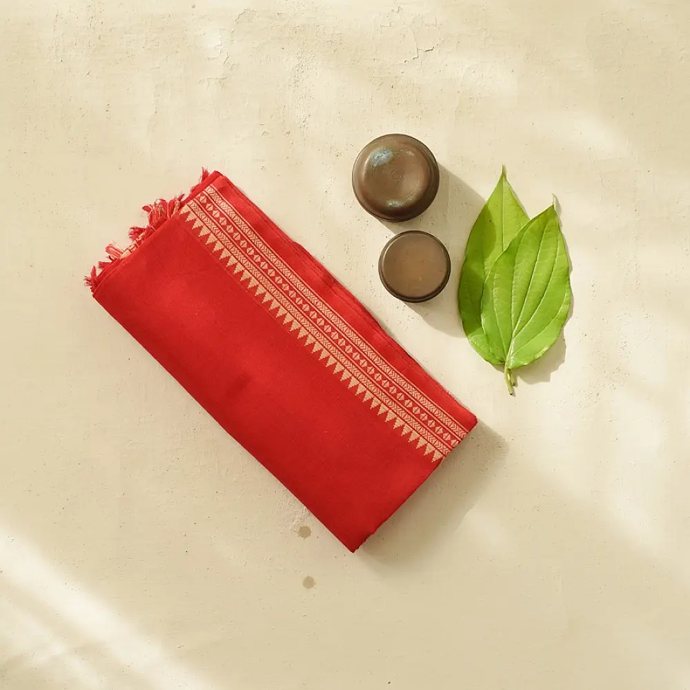 handloom begampuri pure cotton saree in crimson red with mustard yellow and white woven temple borders and tassel fringe