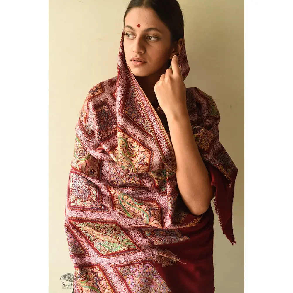 shop Pashmina Shawl - Sozni Jamawar Embroidery - Maroon