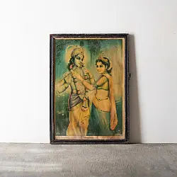 Memory Lines | Indian Antique Print | Krishna Radha (With Frame) 