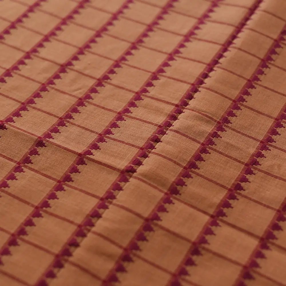 handloom begampuri pure cotton saree in rust brown with red fine grid check pattern, woven temple borders, and tassel fringe