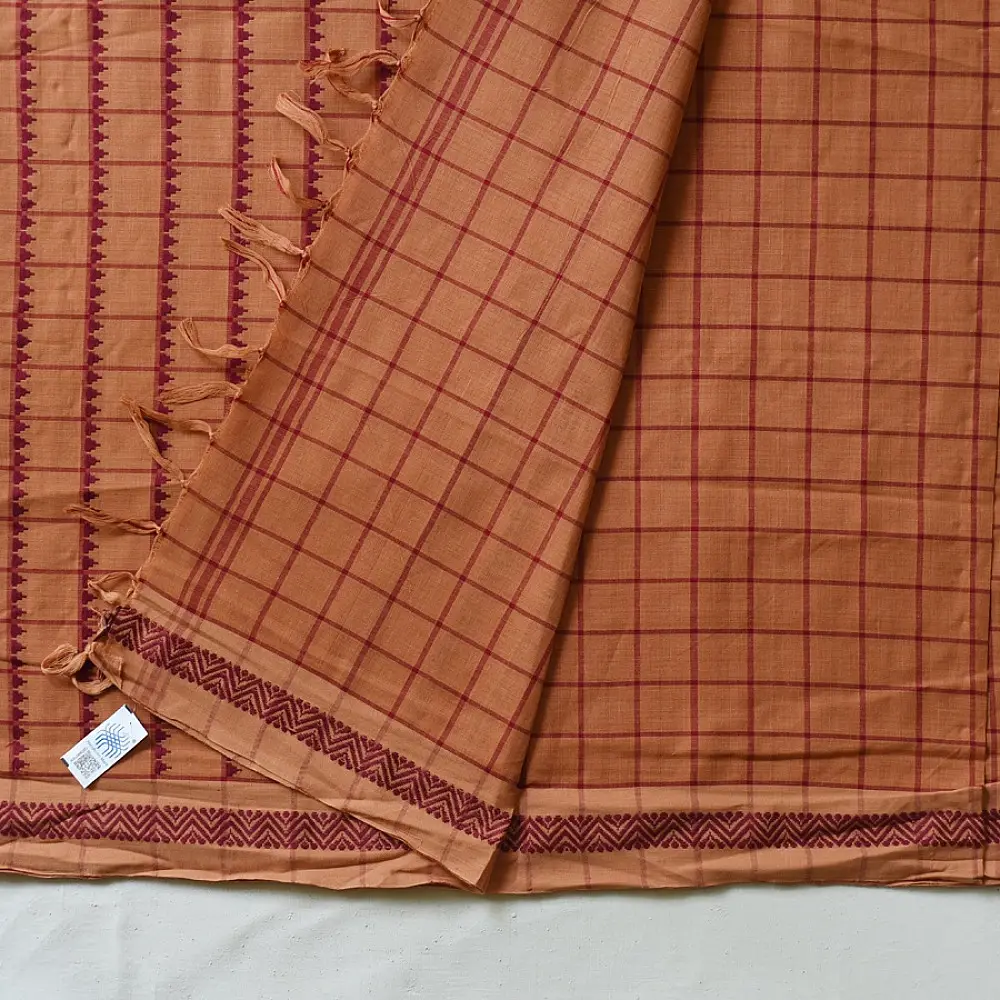 handloom begampuri pure cotton saree in rust brown with red fine grid check pattern, woven temple borders, and tassel fringe