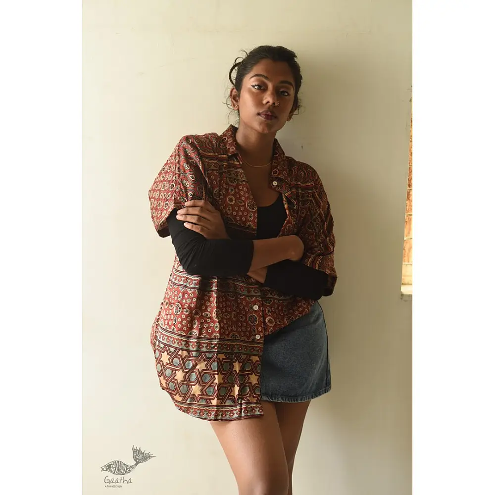 buy Ajrakh Block Printed Modal Silk Shirt - Half Sleeve