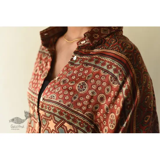 buy Ajrakh Block Printed Modal Silk Shirt - Half Sleeve