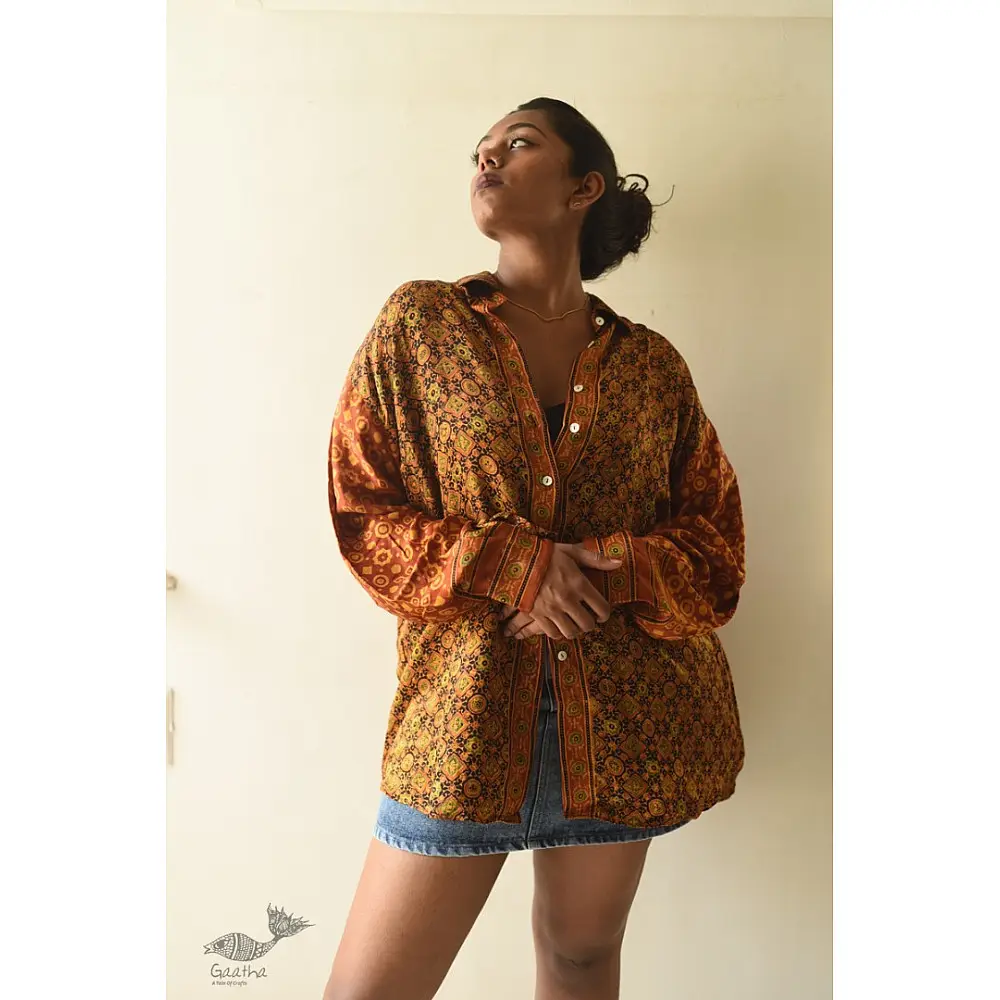 buy Hand Block Prints ~ Ajrakh Modal Silk Shirt