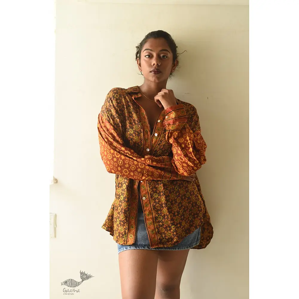buy Hand Block Prints ~ Ajrakh Modal Silk Shirt