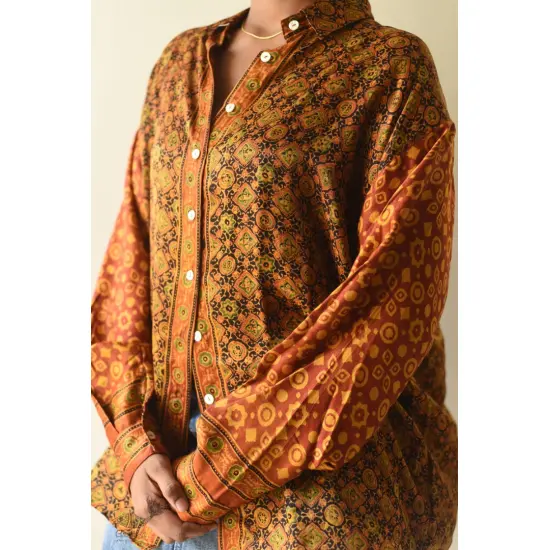 buy Hand Block Prints ~ Ajrakh Modal Silk Shirt