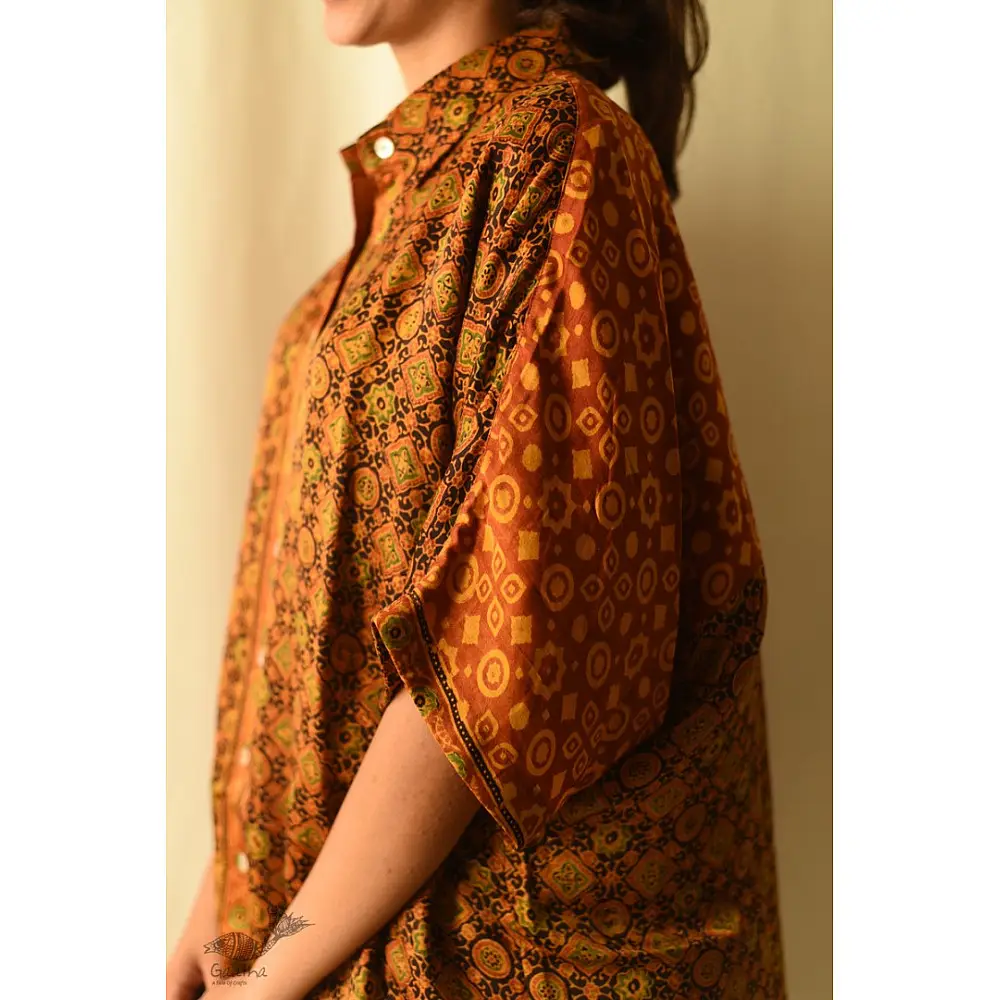 buy Ajrakh Modal Silk Half Sleeve Shirt ~ Mustard Yellow