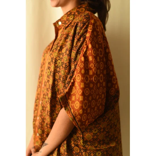 buy Ajrakh Modal Silk Half Sleeve Shirt ~ Mustard Yellow