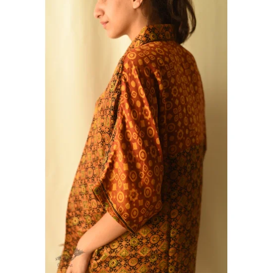 buy Ajrakh Modal Silk Half Sleeve Shirt ~ Mustard Yellow