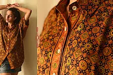 Itr . इत्र | Ajrakh Modal Silk Half Sleeve Shirt ~ Mustard Yellow