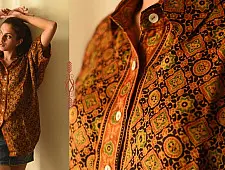 Itr . इत्र | Ajrakh Modal Silk Half Sleeve Shirt ~ Mustard Yellow
