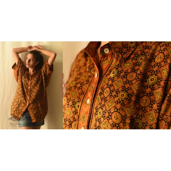 buy Ajrakh Modal Silk Half Sleeve Shirt ~ Mustard Yellow