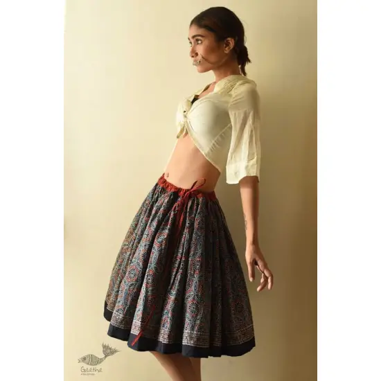 shop Natural Dyed Ajrakh Block Printed Blue Short Skirt