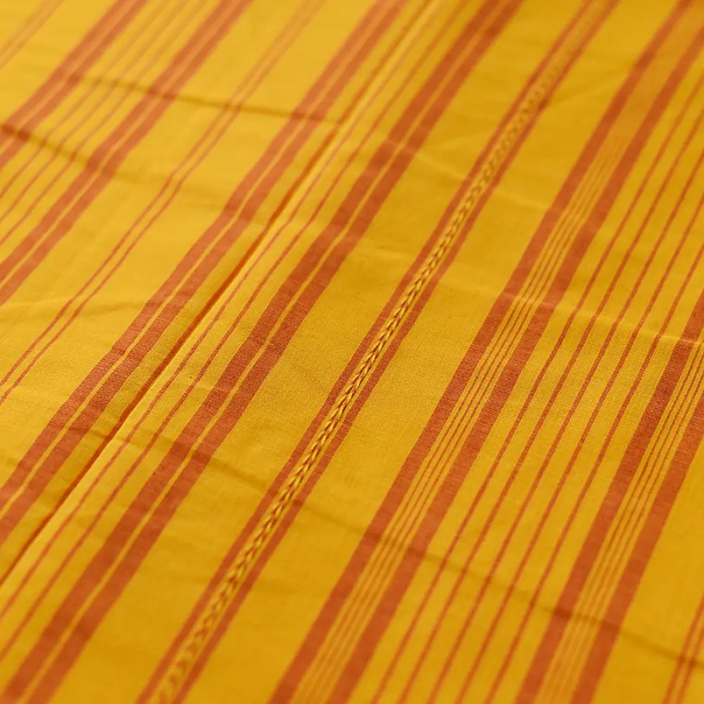 handloom begampuri pure cotton saree in bright yellow with orange and green woven temple borders and tassel fringe   