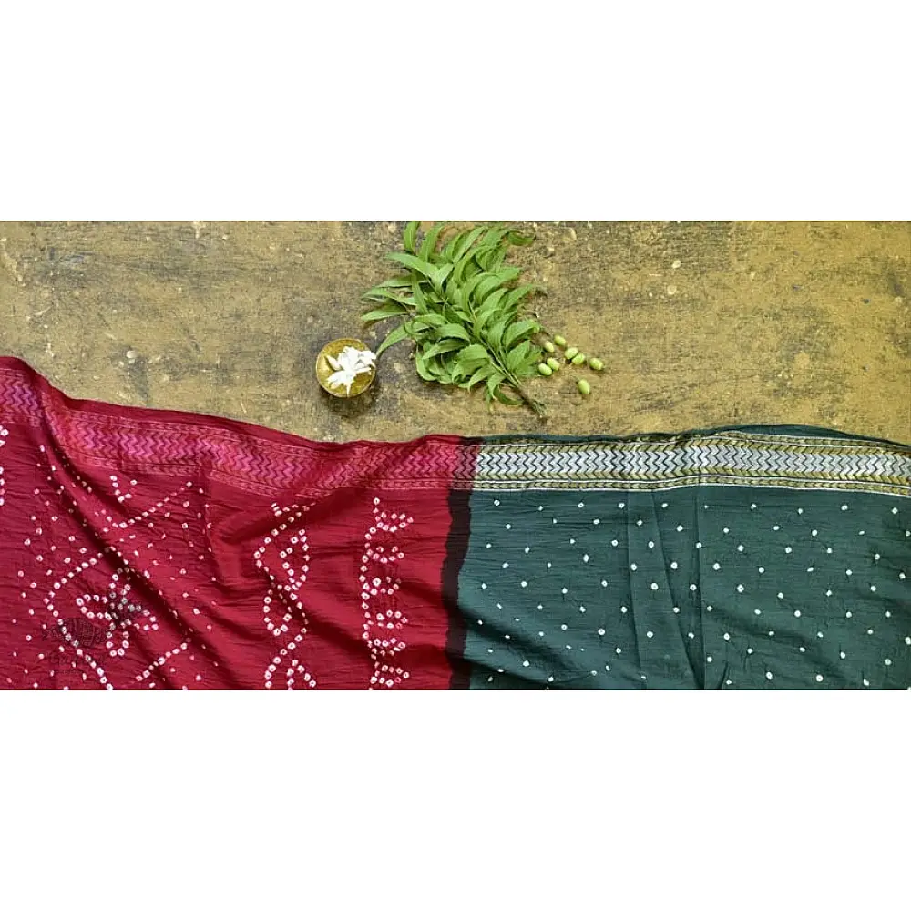 summer special Cotton Bandhani Green-red Saree