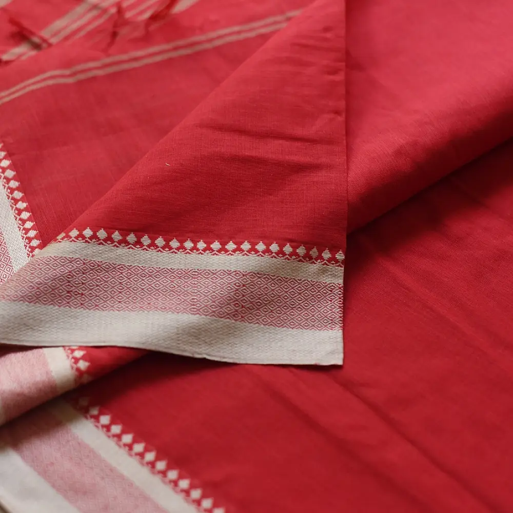 handloom begampuri pure cotton saree in bright scarlet red with fine beige pinstripes and off-white woven temple borders with fringe tassels
