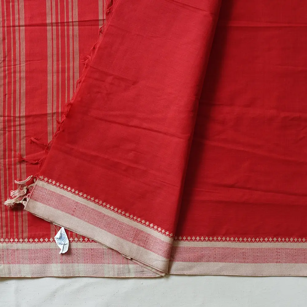 handloom begampuri pure cotton saree in bright scarlet red with fine beige pinstripes and off-white woven temple borders with fringe tassels