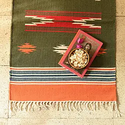 A finite infinity ❧ Handwoven Geometric Dhurries  ( 2 x 6 ) - Green