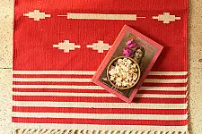A finite infinity ❧ Handwoven Geometric Dhurries  ( 2 x 6 ) - Red