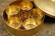 Ahar ✽ Brass ~ Spice box - Six jars inside ( 6" x 6" x 3" Small Masala Daan ) Ahar ✽ Brass ~ Spice box - Six jars inside ( 6" x 6" x 3" Small Masala Daan )