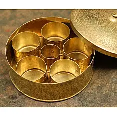 Ahar ✽ Brass ~ Spice box - Six jars inside  ( 6" x 6" x 3" Small Masala Daan ) 